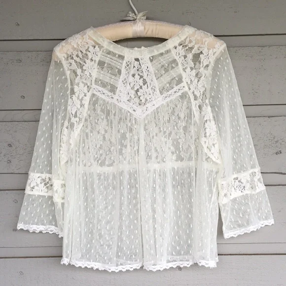 FREE PEOPLE BOHO IVORY/OFF WHITE MODERN ROMANCE SHEER LACE TOP - Picture 2 of 13